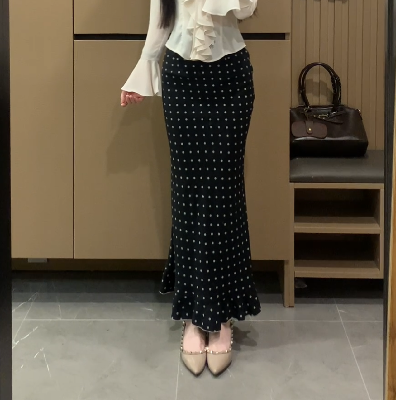 【摩尔曼斯】早秋法式温柔波点包臀鱼尾裙高腰修身显瘦长裙XY-213