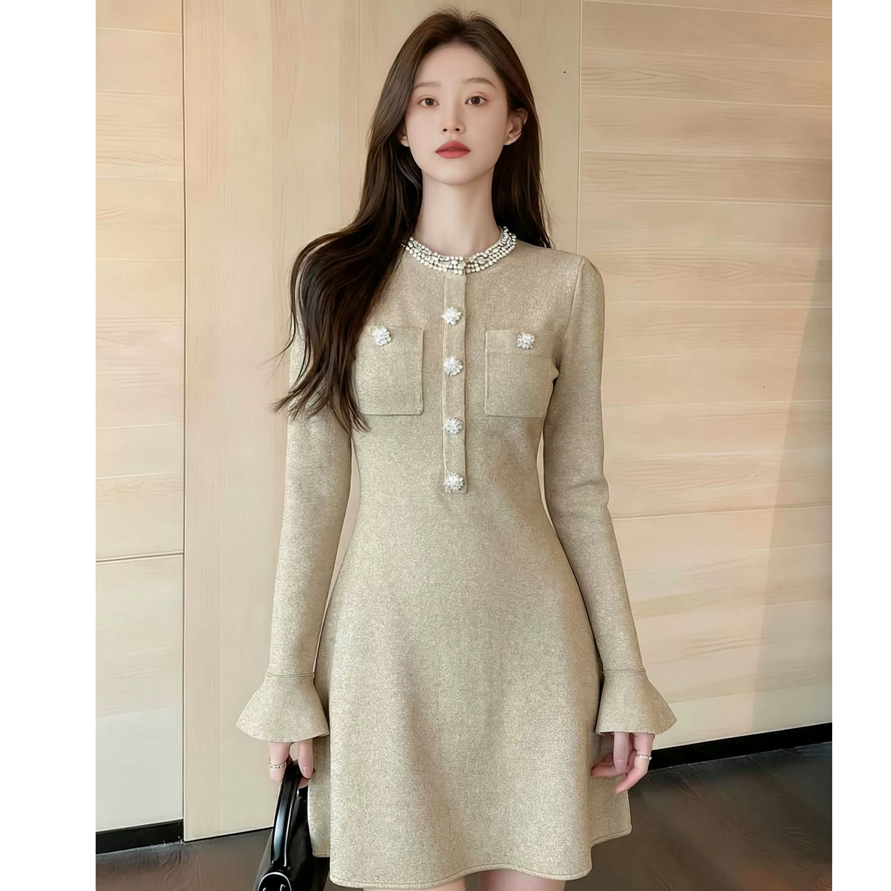 25552气质时尚优雅名媛修身长袖针织显瘦包臀长款连衣裙