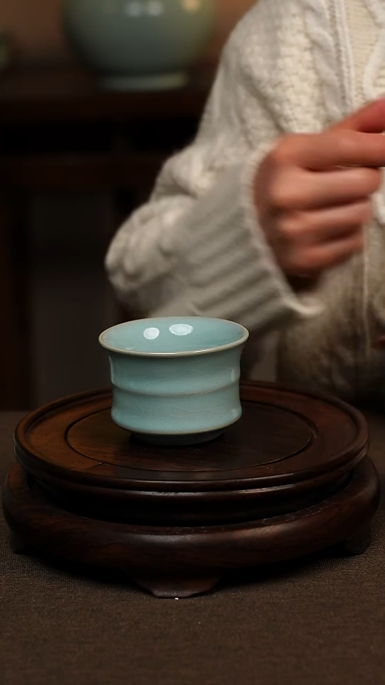 瓷片天青色全手工束腰竹节杯100ml微瑕不带礼盒