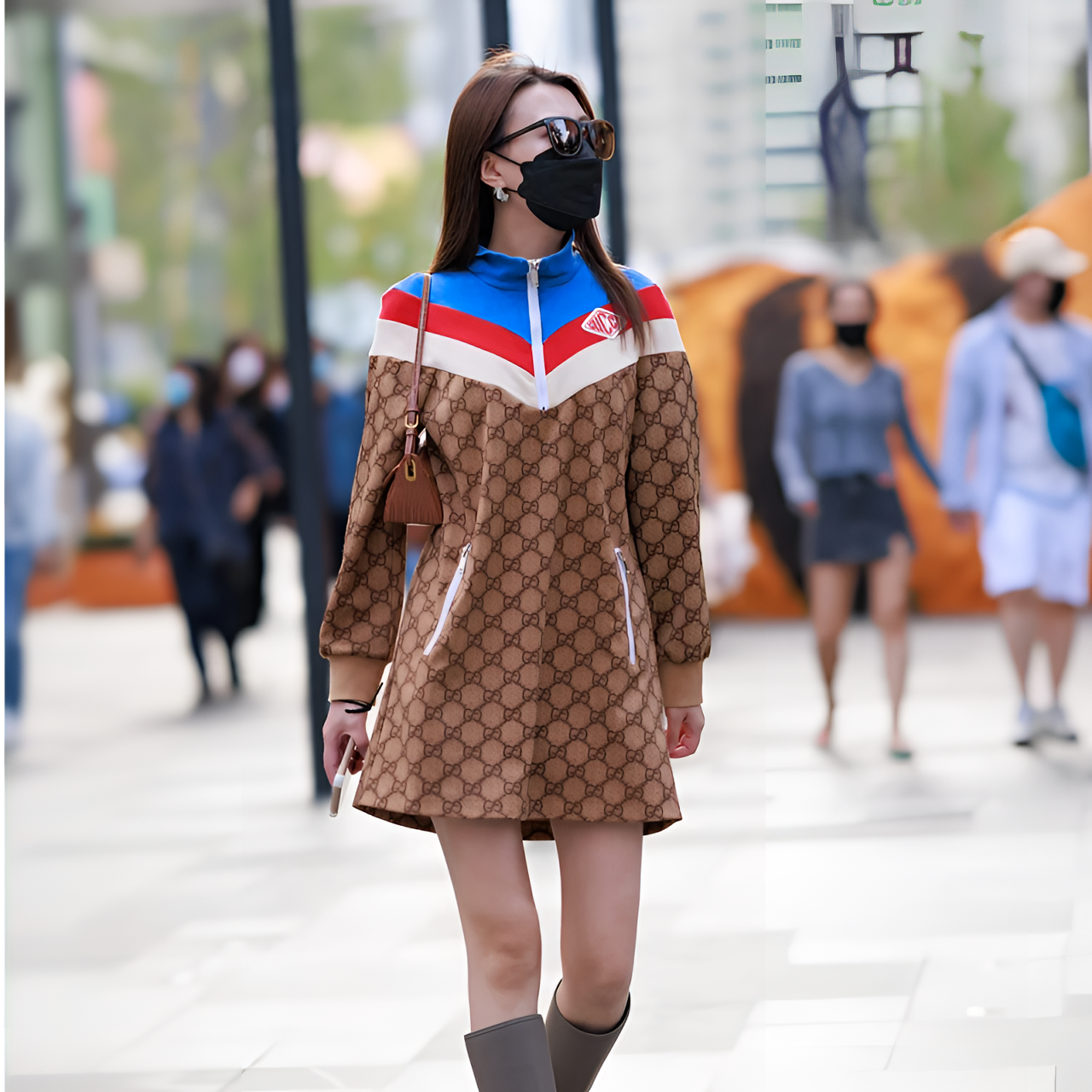 95新 GUCCI/古驰 250131/M码/满印拼色logo刺绣长袖连衣裙/9618