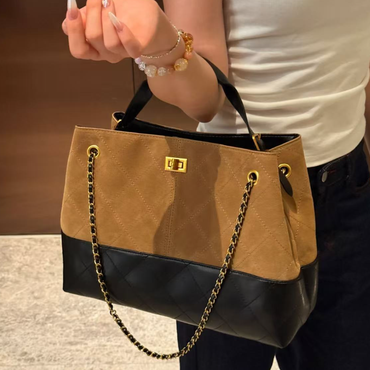 秋冬新款小香风菱格链条包女复古托特包百搭轻奢单肩斜挎手提包包