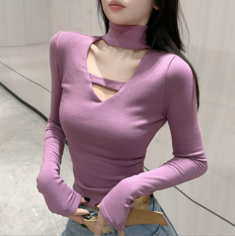 24冬季新款设计感纯欲风显瘦百搭T恤上衣半高领打底衫【无垫肩】