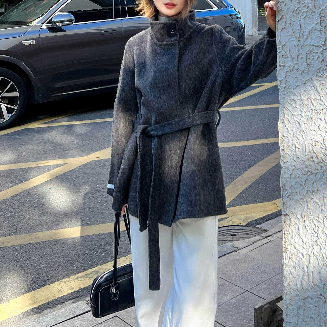 立领短款秋冬薄款落肩袖毛呢外套双面大衣网红气质设计师时尚女