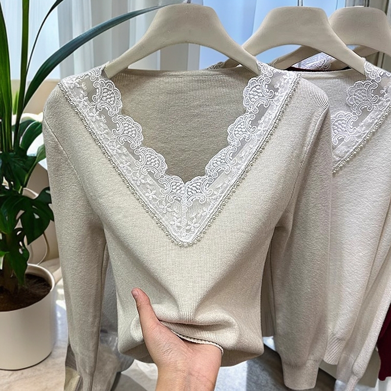 设计感气质蕾丝钉珠领内搭针织衫女装秋冬季打底衫毛衣显瘦上衣