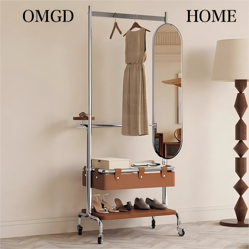 可移动衣帽架落地卧室穿衣镜挂衣架一体带试衣镜可旋转挂衣服架子