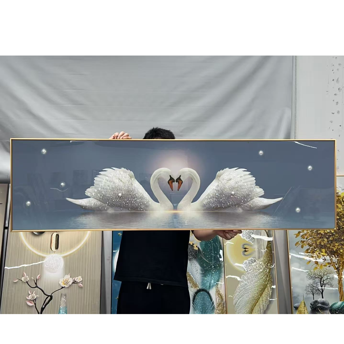 SU03轻奢床头装饰画卧室背景挂画晶瓷画镶钻相濡以沫天鹅现代简约
