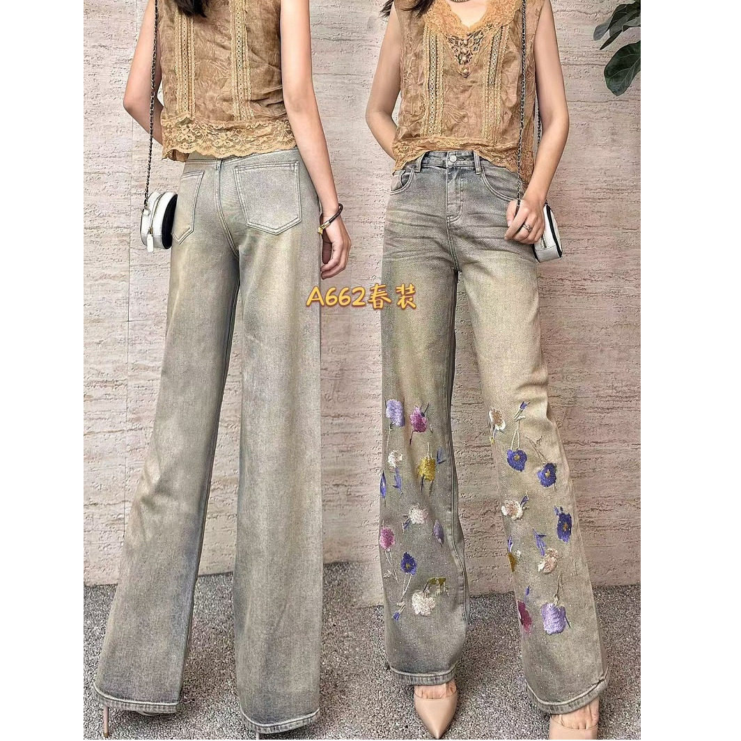 Chao Liu Zai Xian/潮流在现超然新款重工刺绣烫金阔腿牛仔裤女