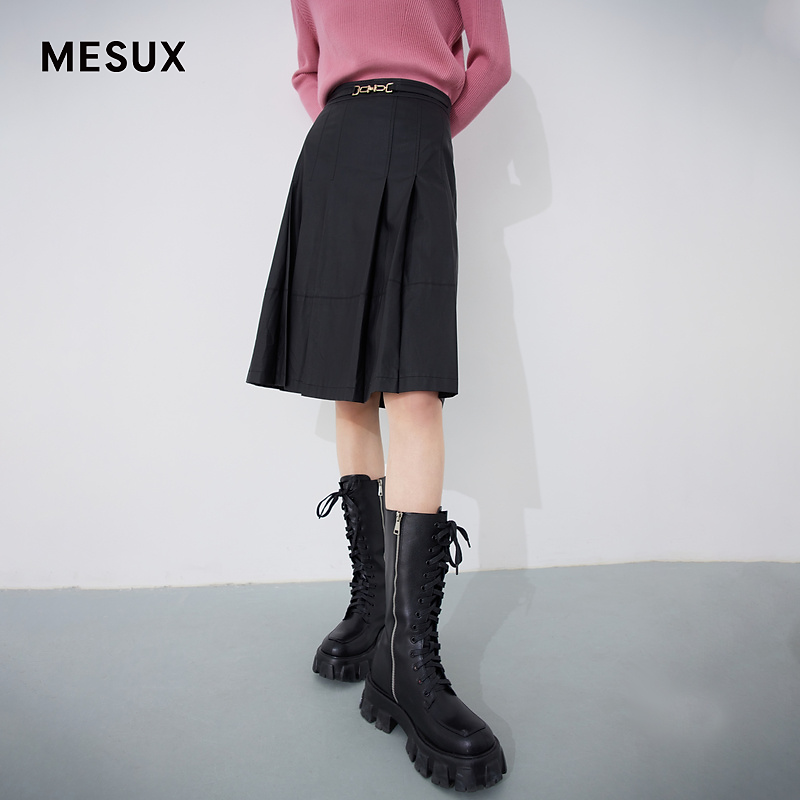 【许半夏专享】MESUX米岫春PU皮腰封金属装饰压褶分割优雅半裙中长