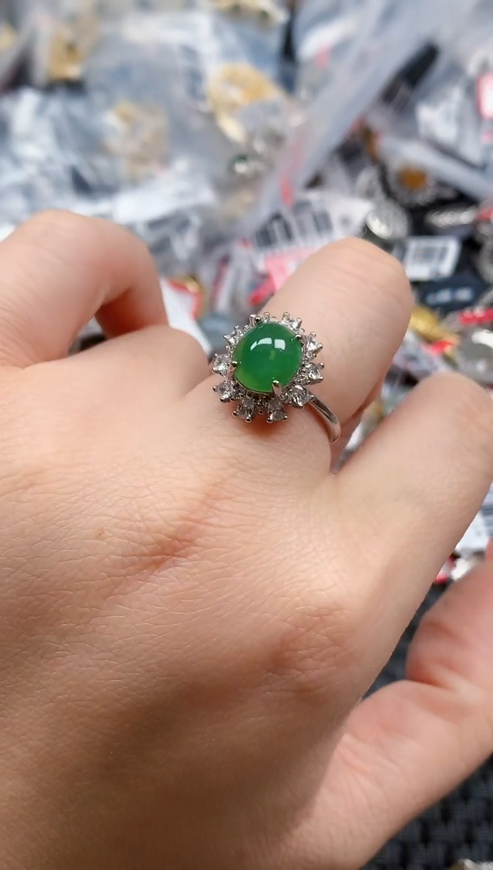 银S925镶嵌戒指翡翠天然A货缅甸翡翠