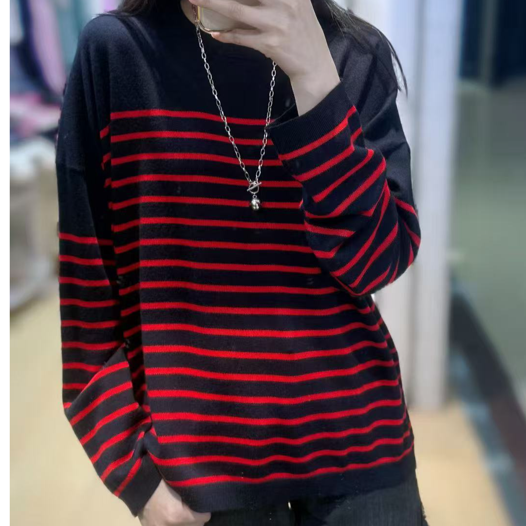 条纹毛针织衫复古撞色女针织上衣女装秋冬百搭