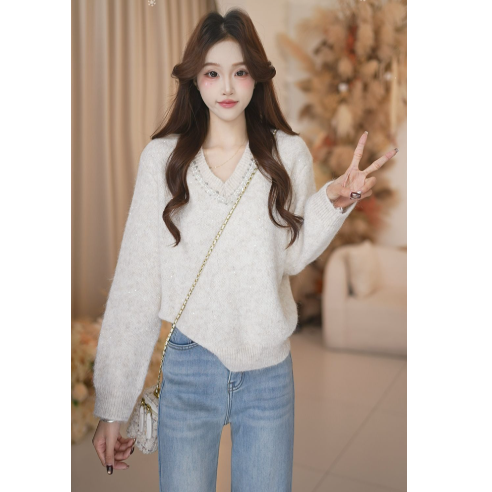 BasicHouse百家好秋冬百搭时尚V领亮片法式毛衣B1385B5E6H2