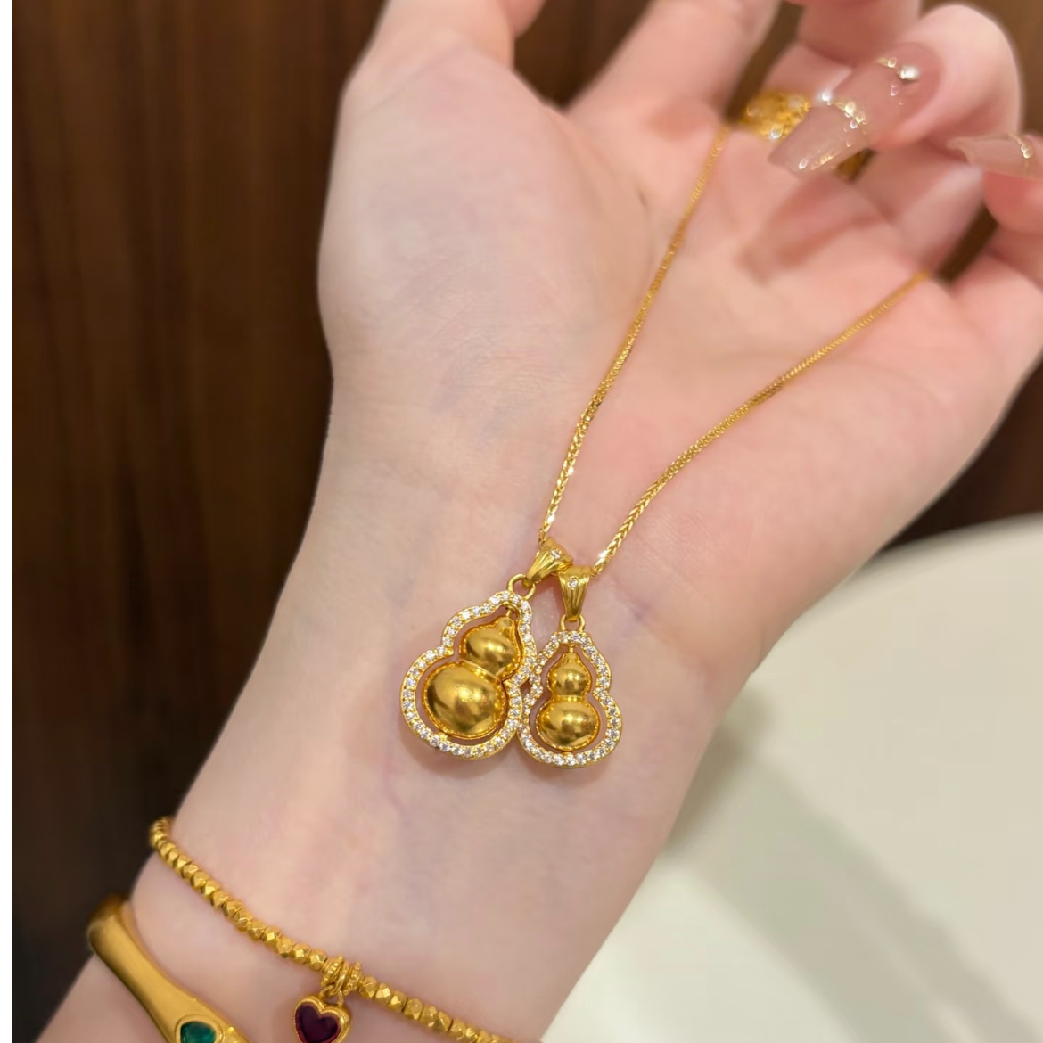 铜合金项链 旋转葫芦项链女国潮新中式叠戴吊坠新款双葫芦锁骨链