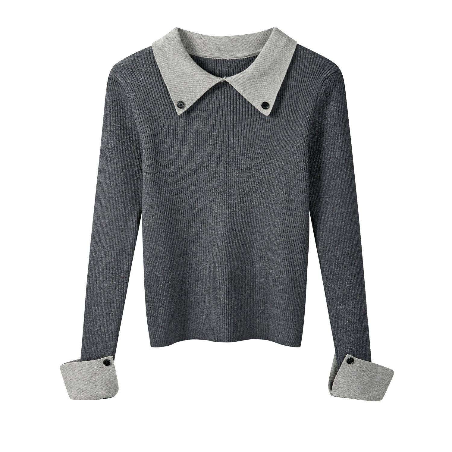 羊城故事- 韩系假两件翻领修身毛针织衫女冬百搭设计感上衣7372