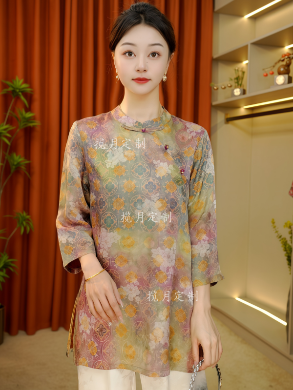 【清阳】2025新款T恤修身中长款上衣新中式七分袖气质中国风女装