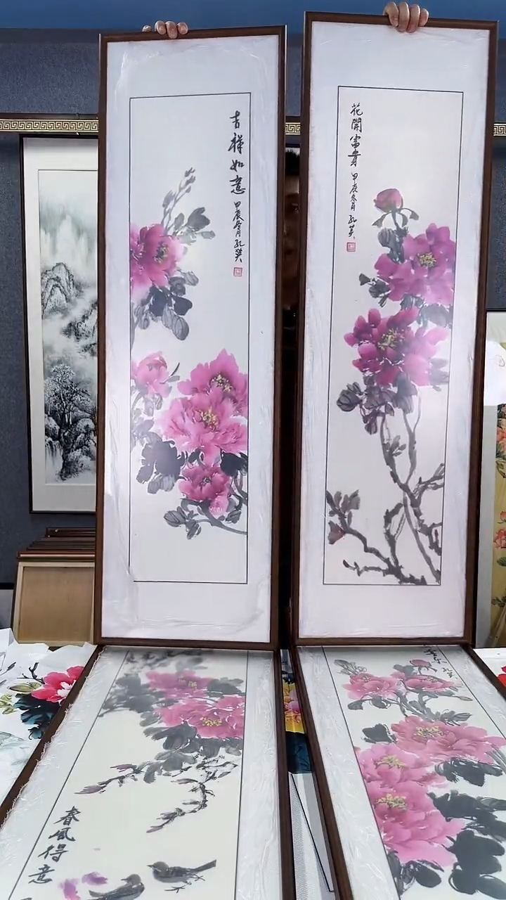 国画实木装裱37*122 牡丹四副