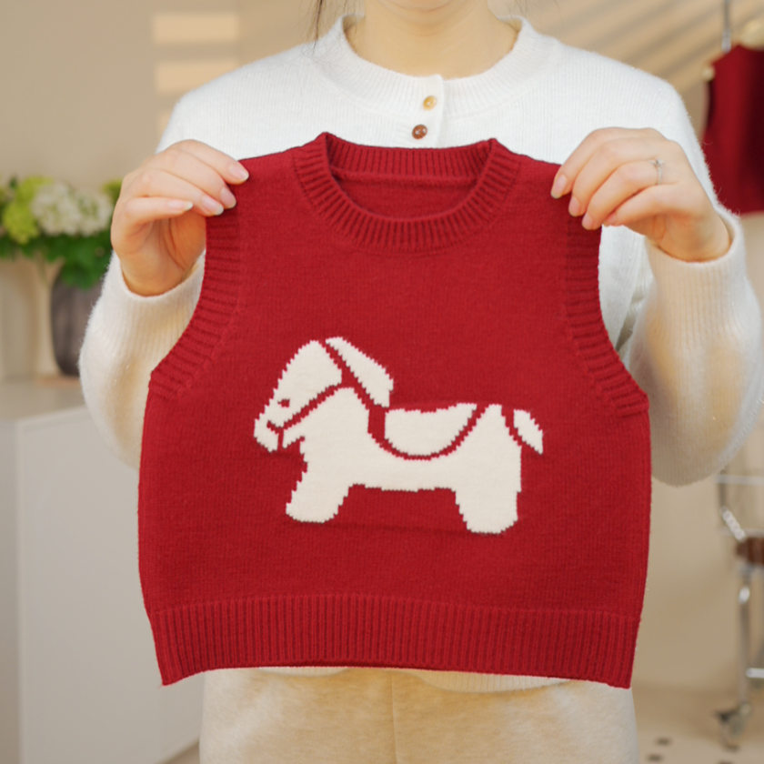 儿童卡通针织马甲2025冬新款韩版圣诞拜年服红色男女童内搭毛衣