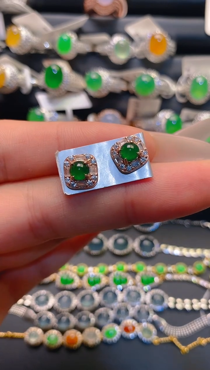 翡翠银S925镶嵌耳饰天然