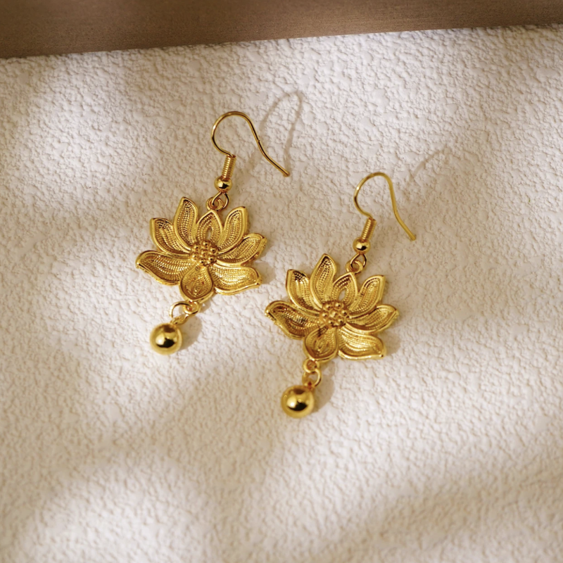 古法花丝两世欢莲耳环短款