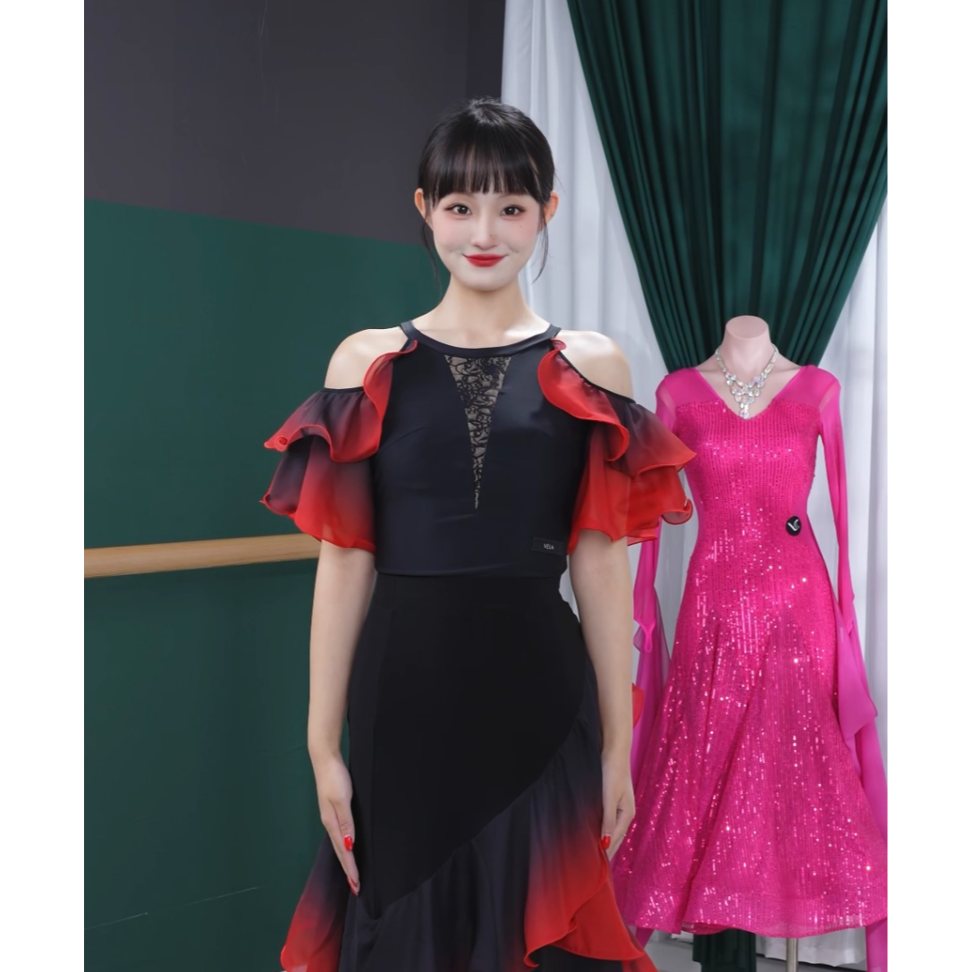 舞维时空夏款黑红渐变露肩显瘦摩登舞连体上衣练功服交谊舞sy0081