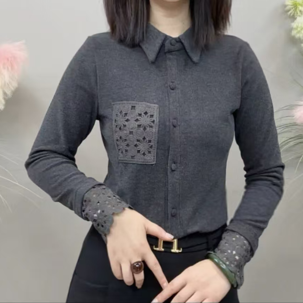 25年冬季新款上新双面一体绒纯色镂空拼接设计款气质百搭女士衬衫