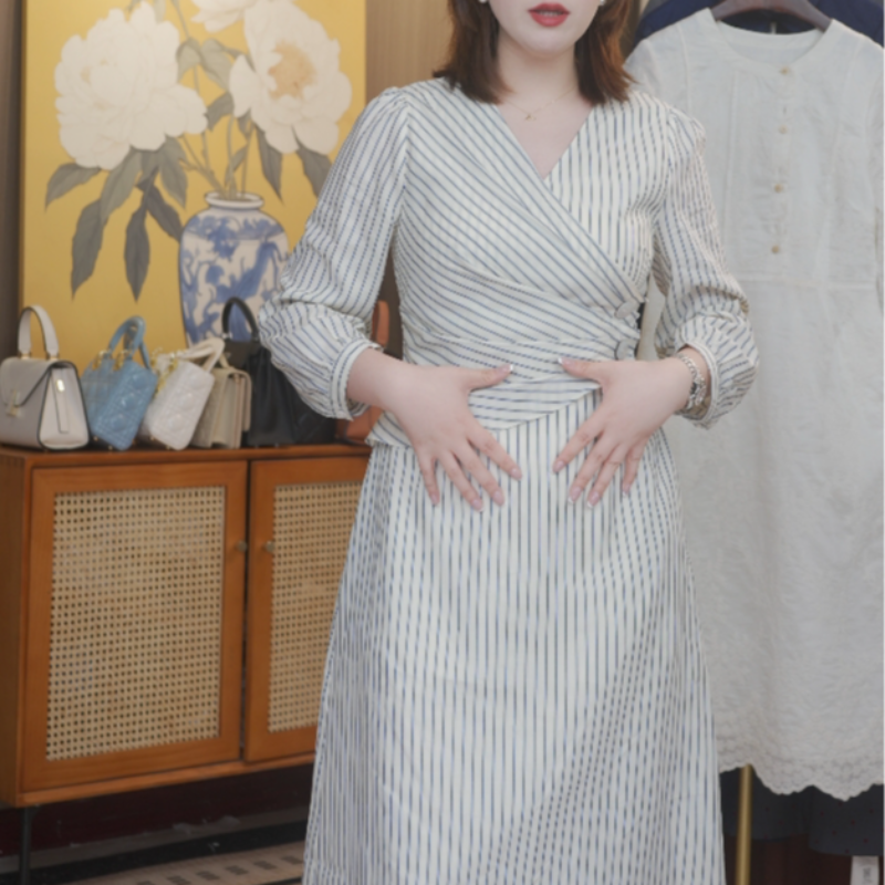 春秋新款条纹衬衫裙宽松裙连衣裙