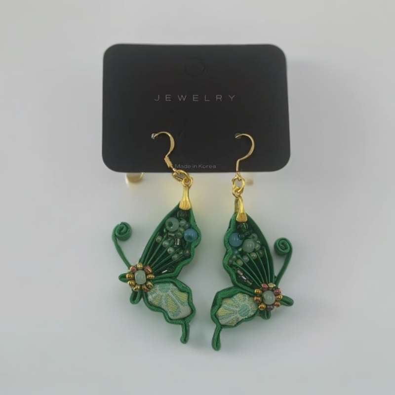 非金属布艺耳饰 E0002新中式盘扣甜美耳环绿色清新素款蝴蝶耳环