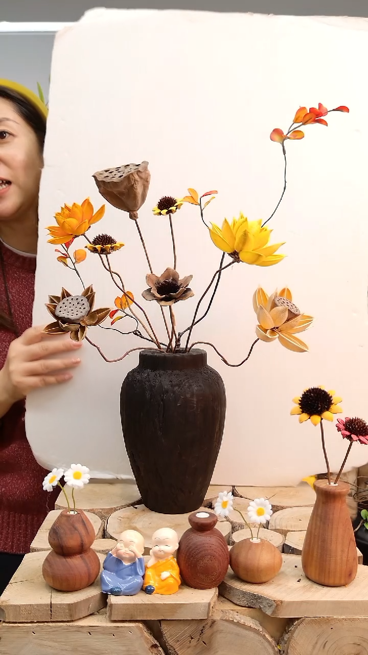 木实木花瓶带花一套