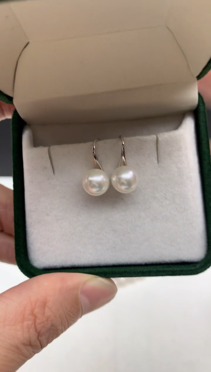 银S925镶嵌ff海水珍珠akoya白珠耳饰8~9mm