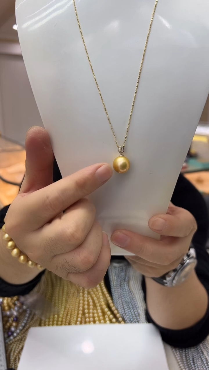 无吊坠925银【飛梵•18】13-14mm正圆极光浓金几乎无暇方糖款吊坠