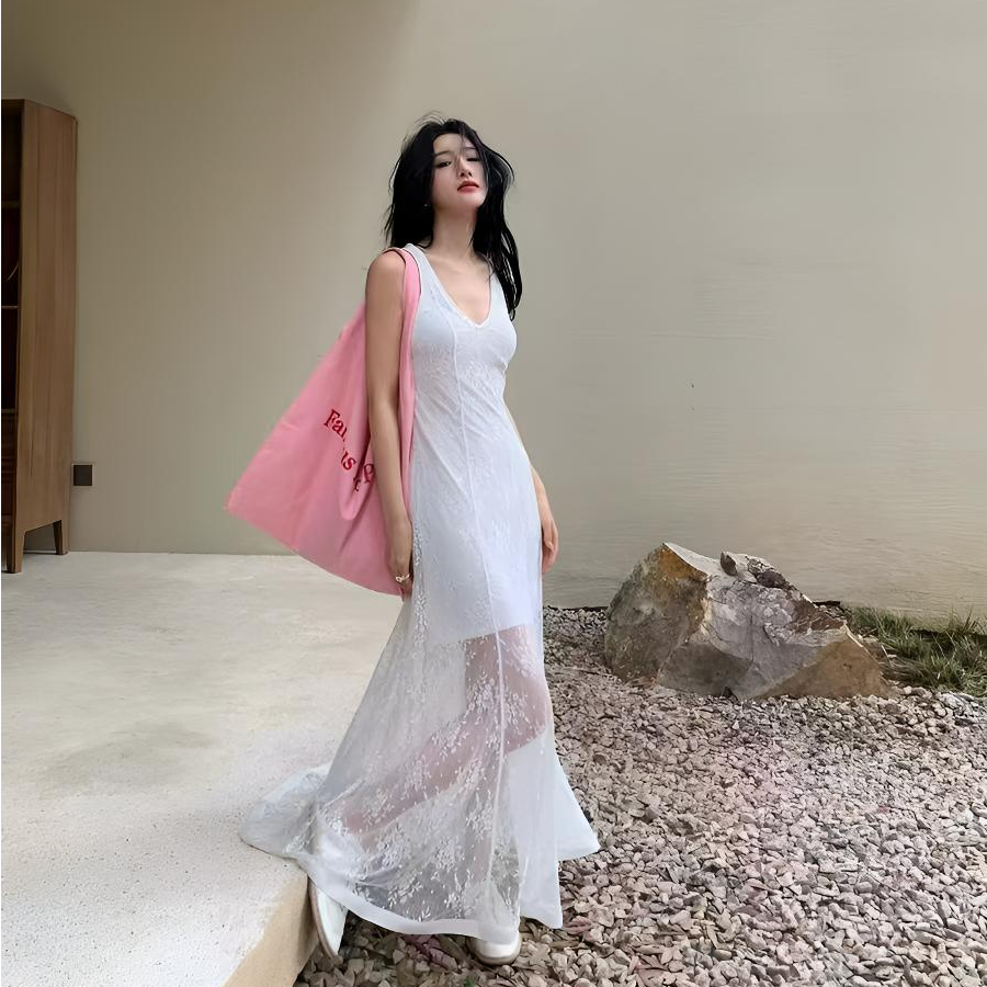 (蕾丝连衣裙两件套)女装V领2025夏季新款蕾丝纱感透视连衣裙2502