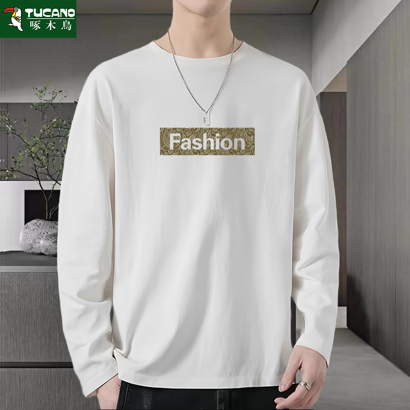 啄木鸟重磅纯棉长袖t恤男秋季新款潮流大码宽松百搭印花青年上衣