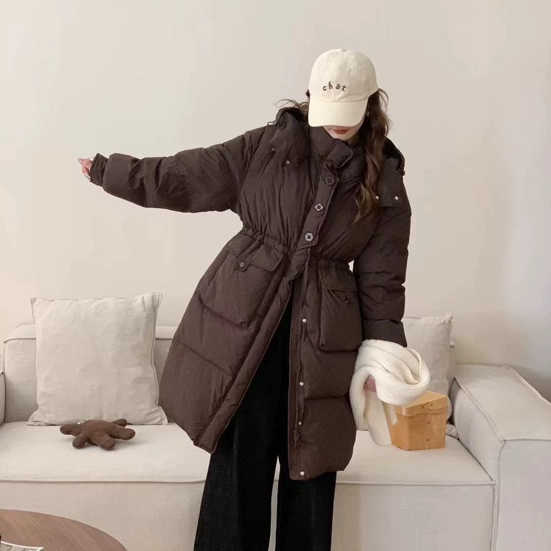 【鹿鹿专属】冬季新款三粒扣收腰长款L连帽过膝白鸭绒羽绒服外套