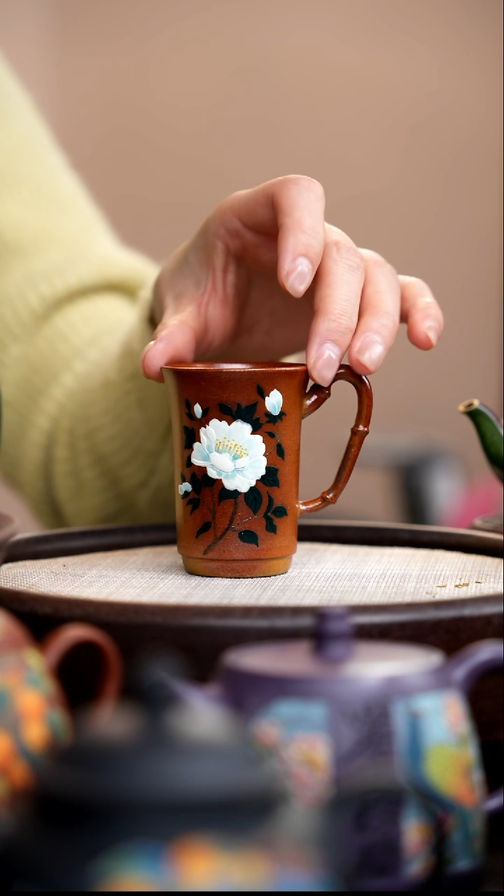 茶壶紫砂柴烧竹节手把杯白牡丹 