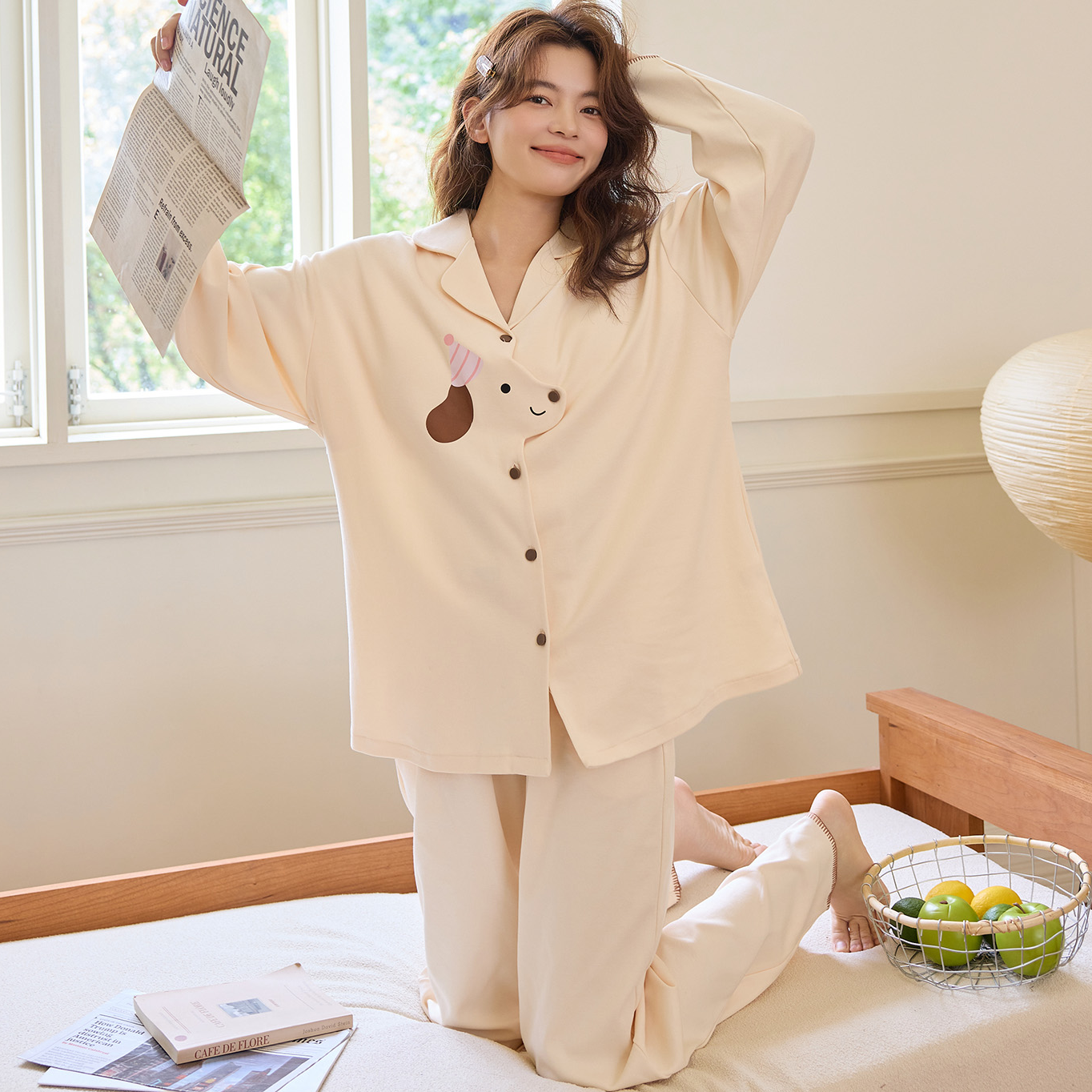 2025新款春秋冬纯棉卡通可爱翻领开衫长袖少女全棉外穿家居服套装