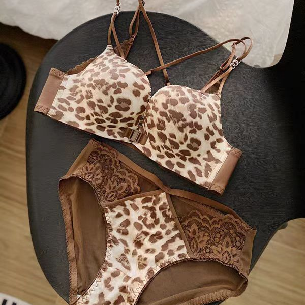 高档品牌前扣小胸罩聚拢豹纹内衣女性感收副乳防下垂加厚文胸套装