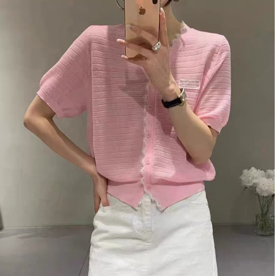 【新粉立减】韩系V领莱赛尔短袖针织开衫女2025夏季新款宽松显瘦