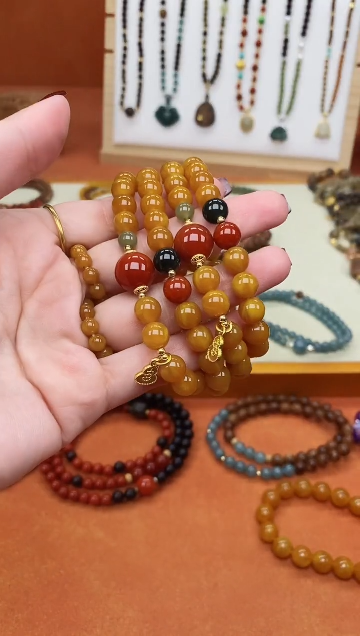 手链蜜蜡未镶嵌双圈蜜蜡和田南红手串