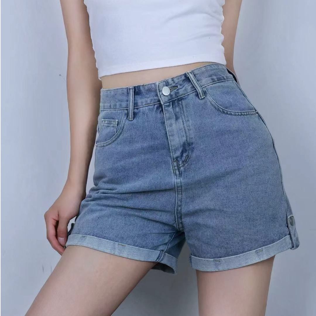 高腰ins牛仔裤弹力女夏薄款显高显瘦浅蓝色休闲卷边A字短裤夏季