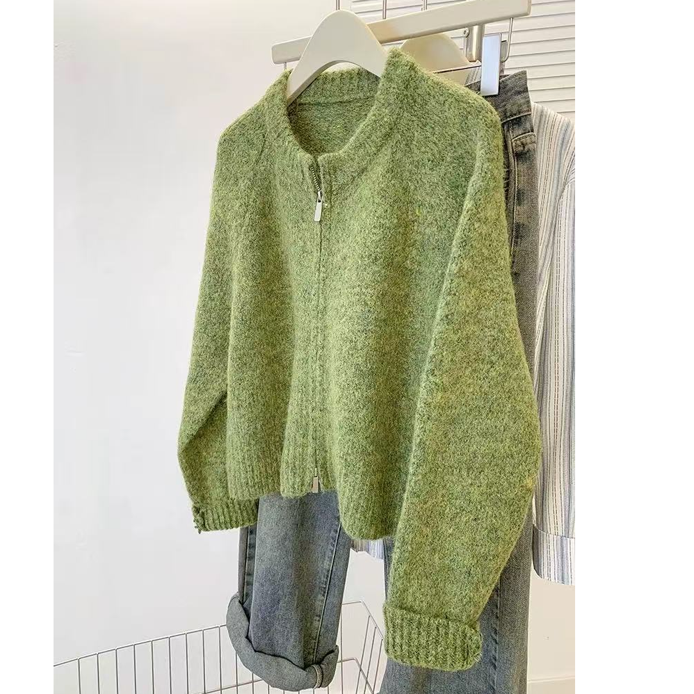 【专属】清新绿~软糯圆领毛衣外套女春秋外套双拉链慵懒针织开衫
