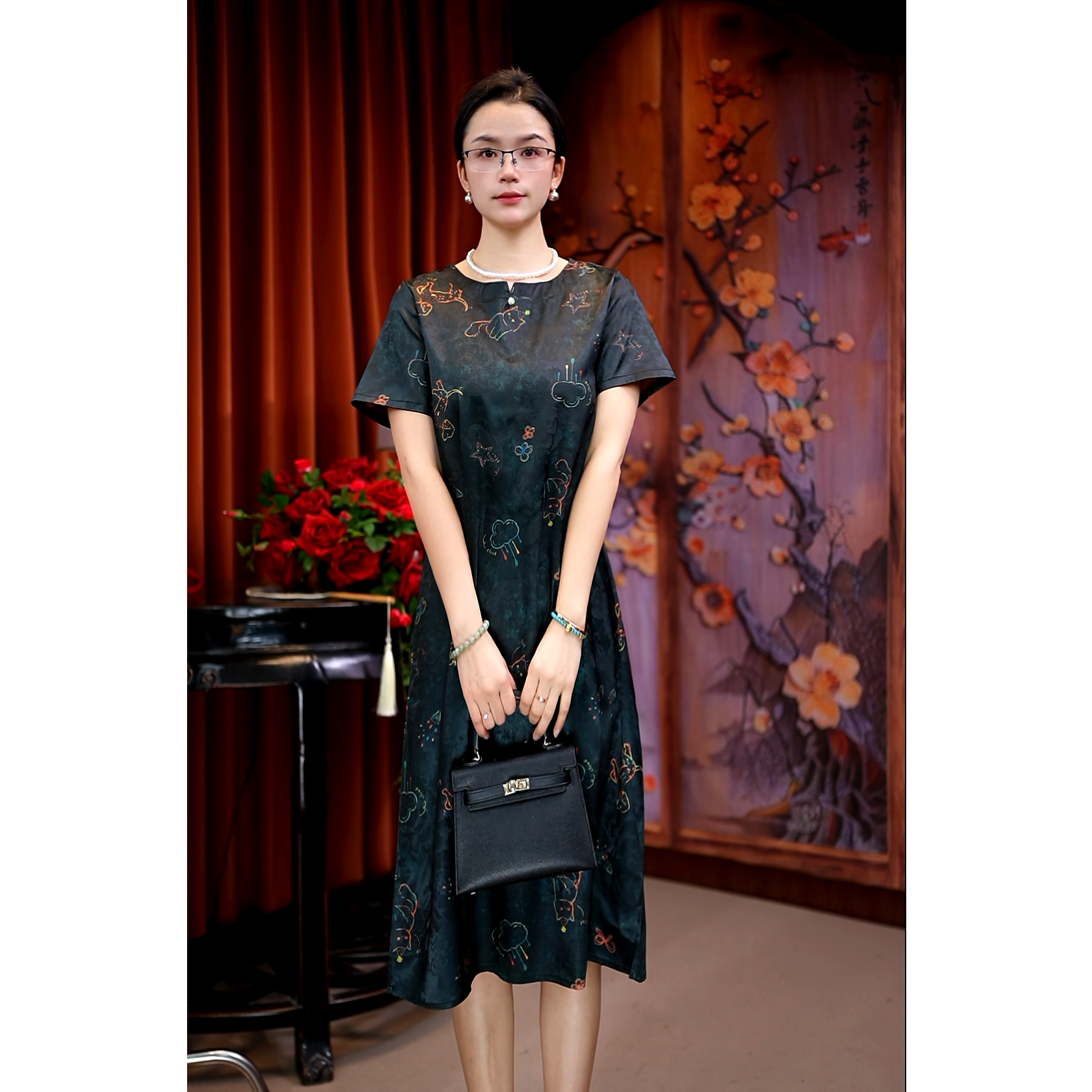 （小猫）卡通动漫夏季圆领短袖连衣裙中式重磅旗袍裙气质