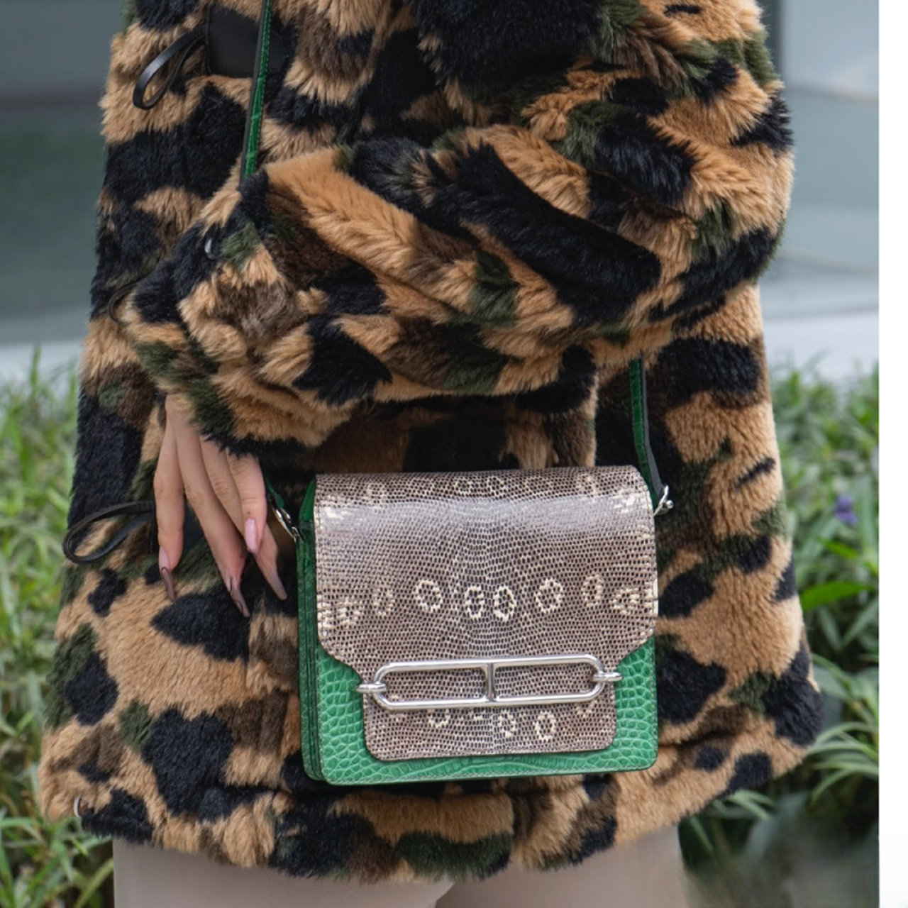 99新 Hermes/爱马仕 蔚蓝/猪鼻子19 原色蜥蜴皮拼竹子绿鳄鱼皮