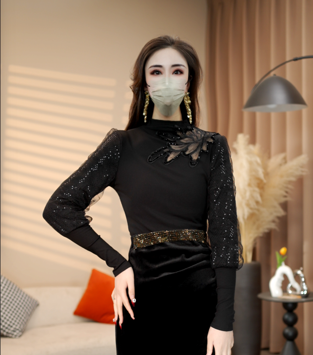 冬季新款黑色修身不起球长袖女修身型时尚镂空设计师常规T恤