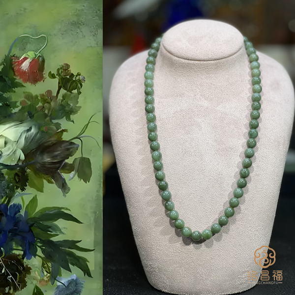 铭昌福精品天然和田玉碧玉鸭蛋青项链长链无黑点（8mm）4118-29