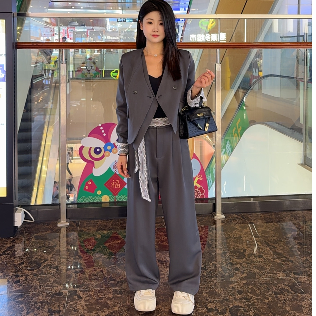 【静怡专属】小个子蕾丝飘带女神范轻奢显瘦西装套装两件套YB2505