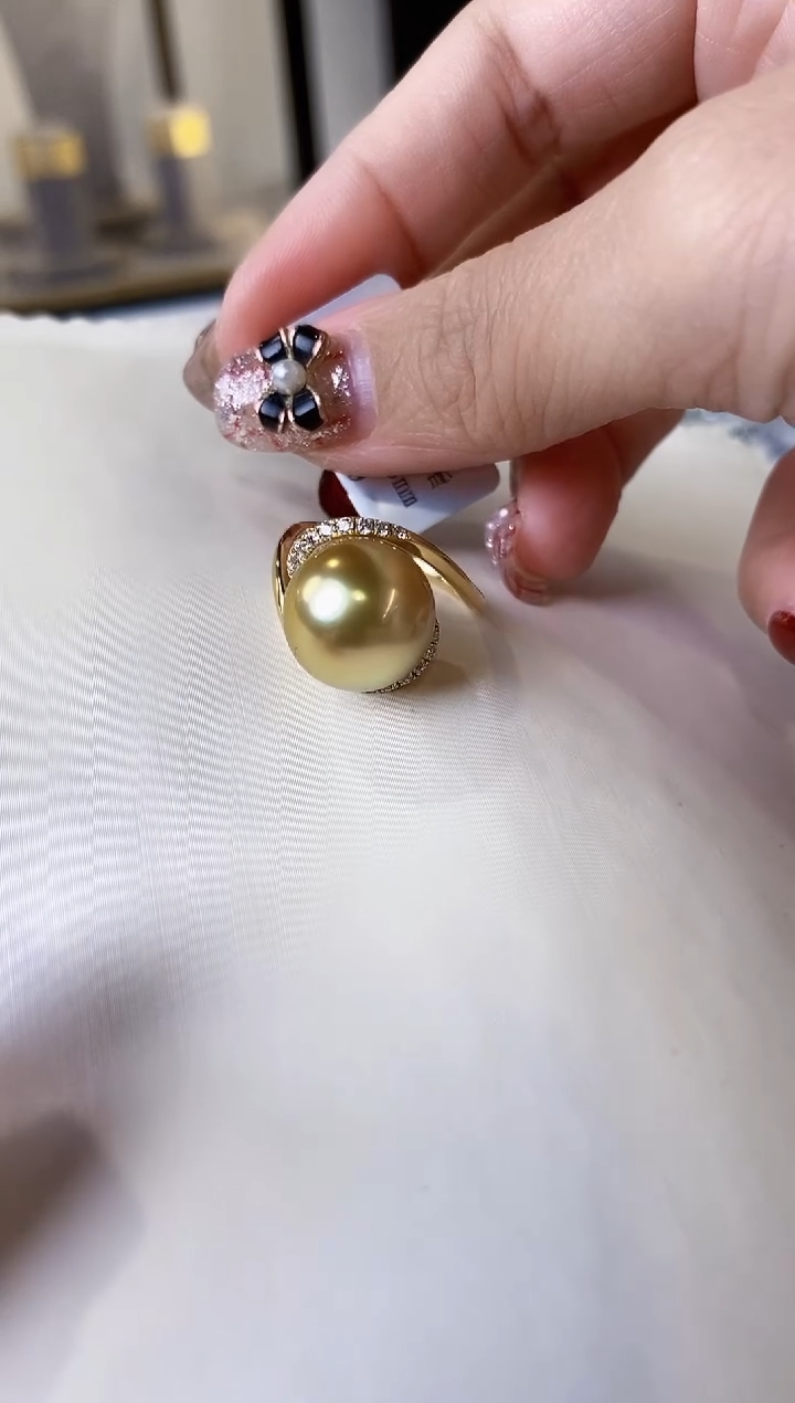 【闪购商品】海水珍珠戒指18K金镶嵌12-13南洋金珍珠戒指