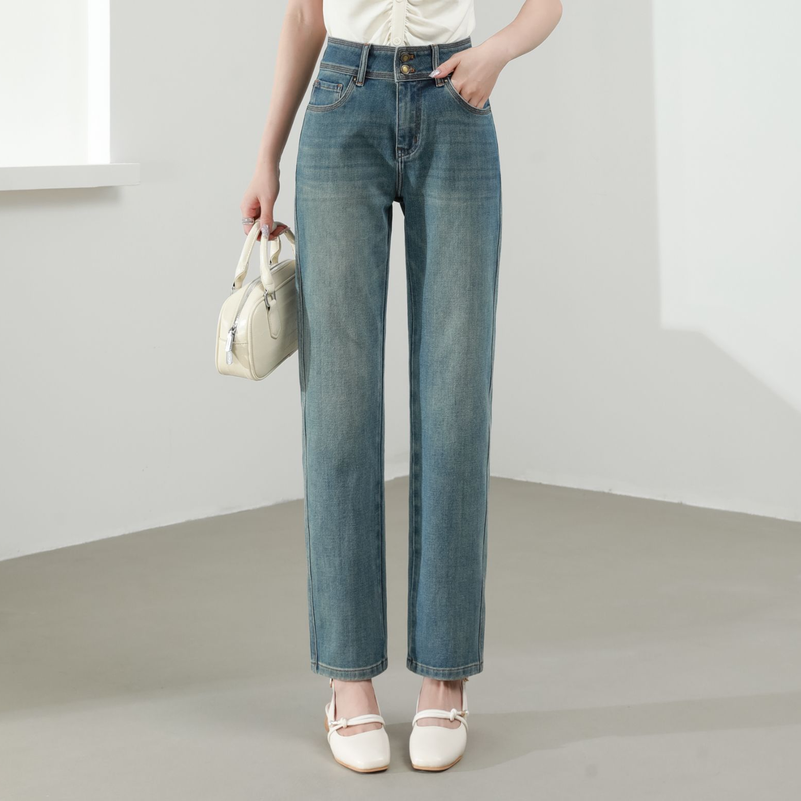 【花宁娜】青岚 .春秋新品三本针怀旧蓝烟管修身小直筒牛仔裤#6828