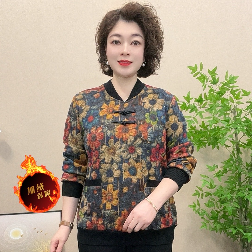 妈妈装秋冬常规中老年女装口袋长袖宽松加绒保暖百搭宽松时尚盘扣
