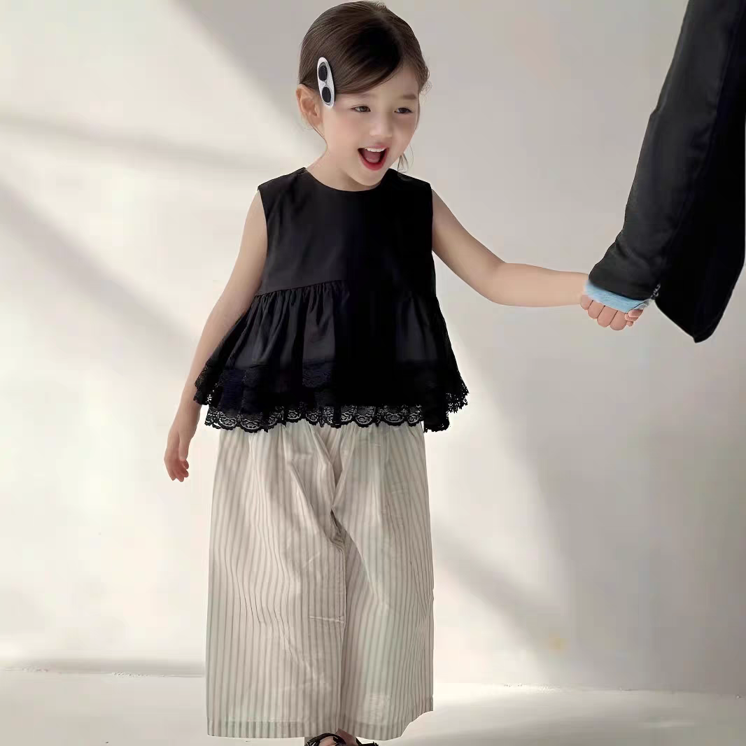 女童套装夏季新款儿童花边背心上衣条纹宽松阔腿宝宝两件套WZ6120