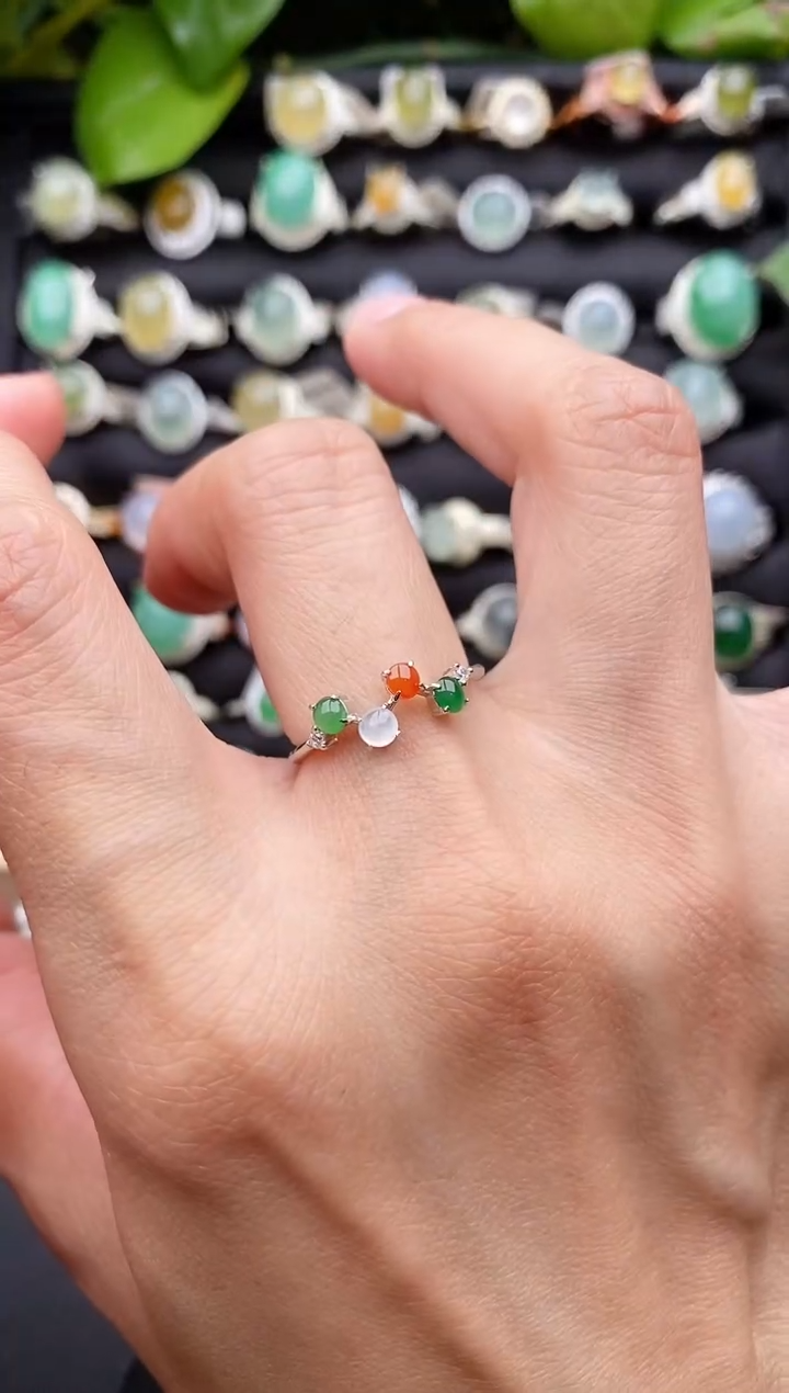 【闪购商品】翡翠戒指银S925镶嵌缅甸天然A货翡翠44  3-6