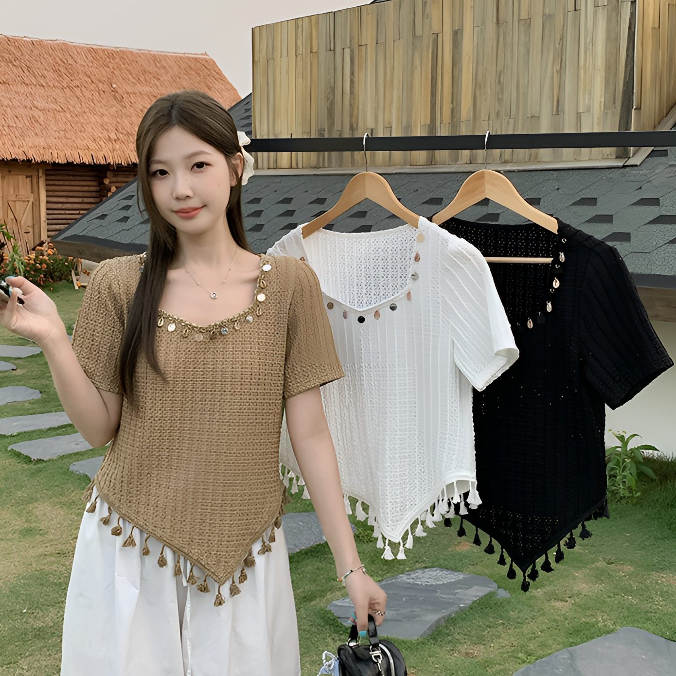 2025夏装新款胖mm大码女百搭显瘦不对称留苏小衫上衣